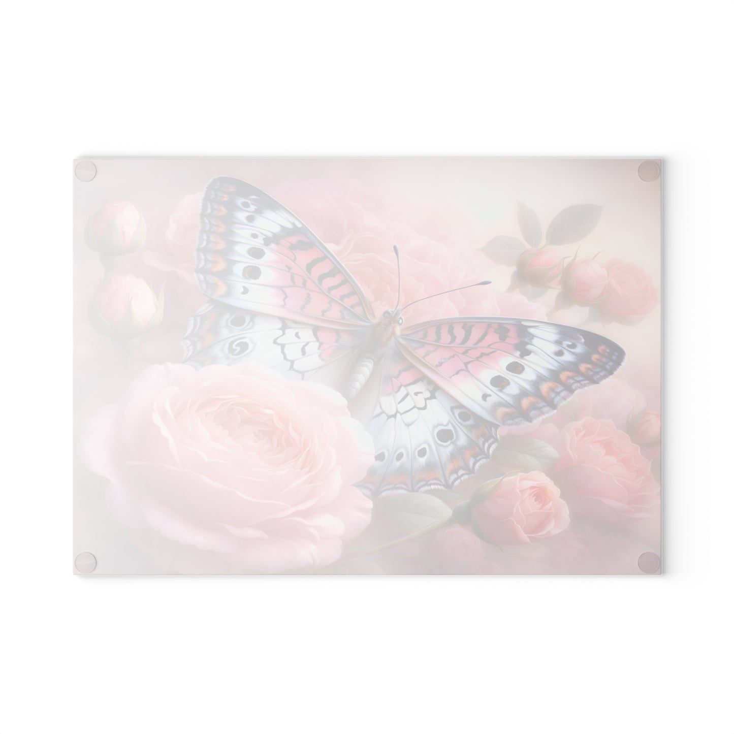 Pink Butterfly & Rose Garden Glass Cutting Board – Elegant Floral Nature Kitchen Décor