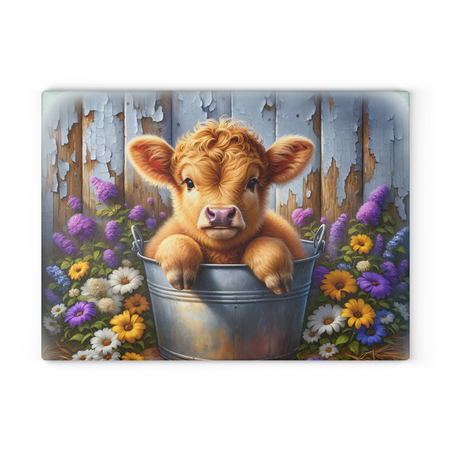 🐮🌸 Baby Highland Cow in Pail Glass Cutting Board – Country Charm with Flowers & Rustic Fence 🌼🪵
