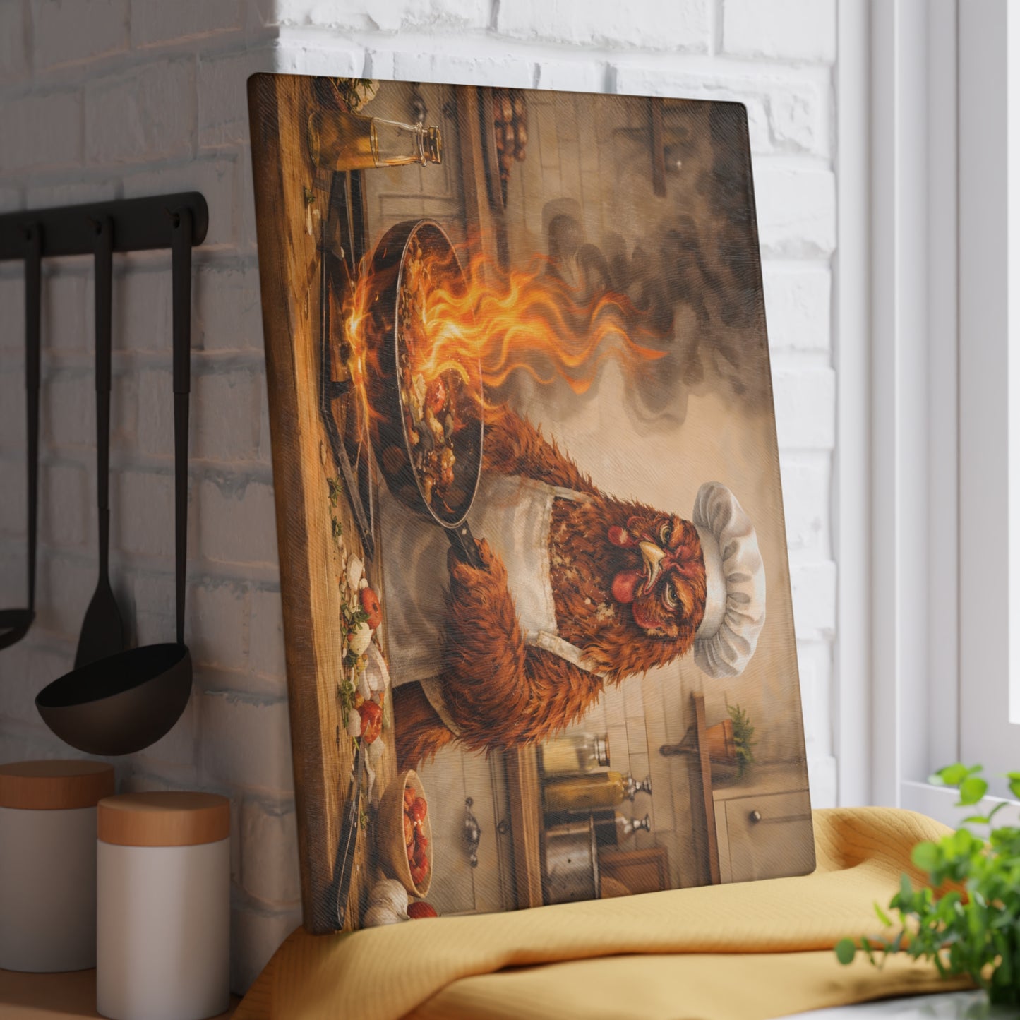 Angry Chicken Chef Glass Cutting Board – Funny Kitchen Chaos Farm Art