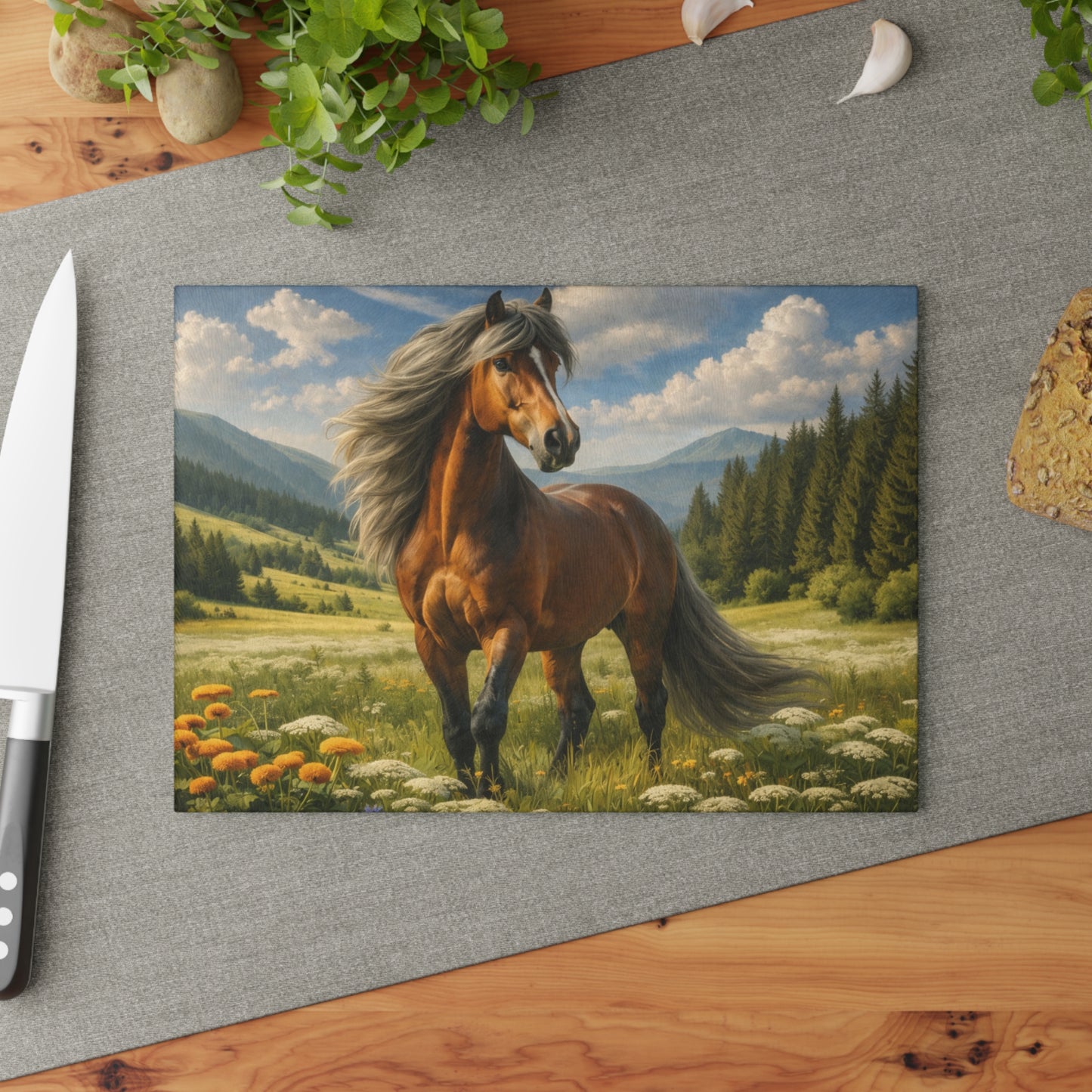Majestic Horse in Mountain Meadow Glass Cutting Board – Western Farmhouse Horse Lover Kitchen Decor
