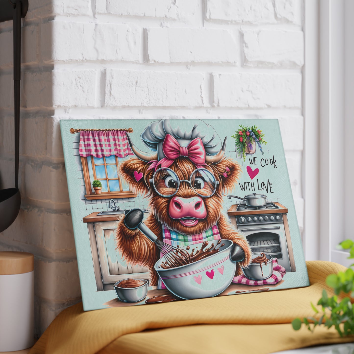🐮 Sweet Highland Cow Baking Cutting Board – "We Cook With Love" Kitchen Whimsy