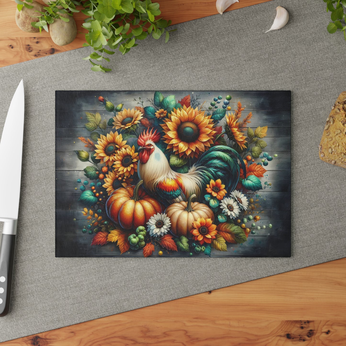 🐓🌻 “Harvest Rooster & Sunflowers” Glass Cutting Board – Cozy Autumn Charm for Your Kitchen