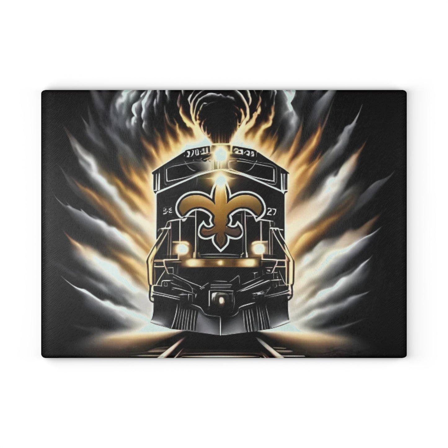 Black & Gold Express Glass Cutting Board – Luxe Train Art for Sophisticated Kitchens