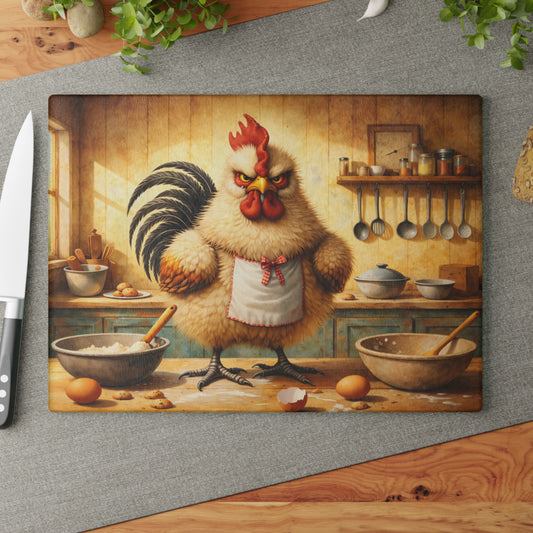 Feisty Farmhouse Chicken Glass Cutting Board – Rustic Kitchen Art with Attitude