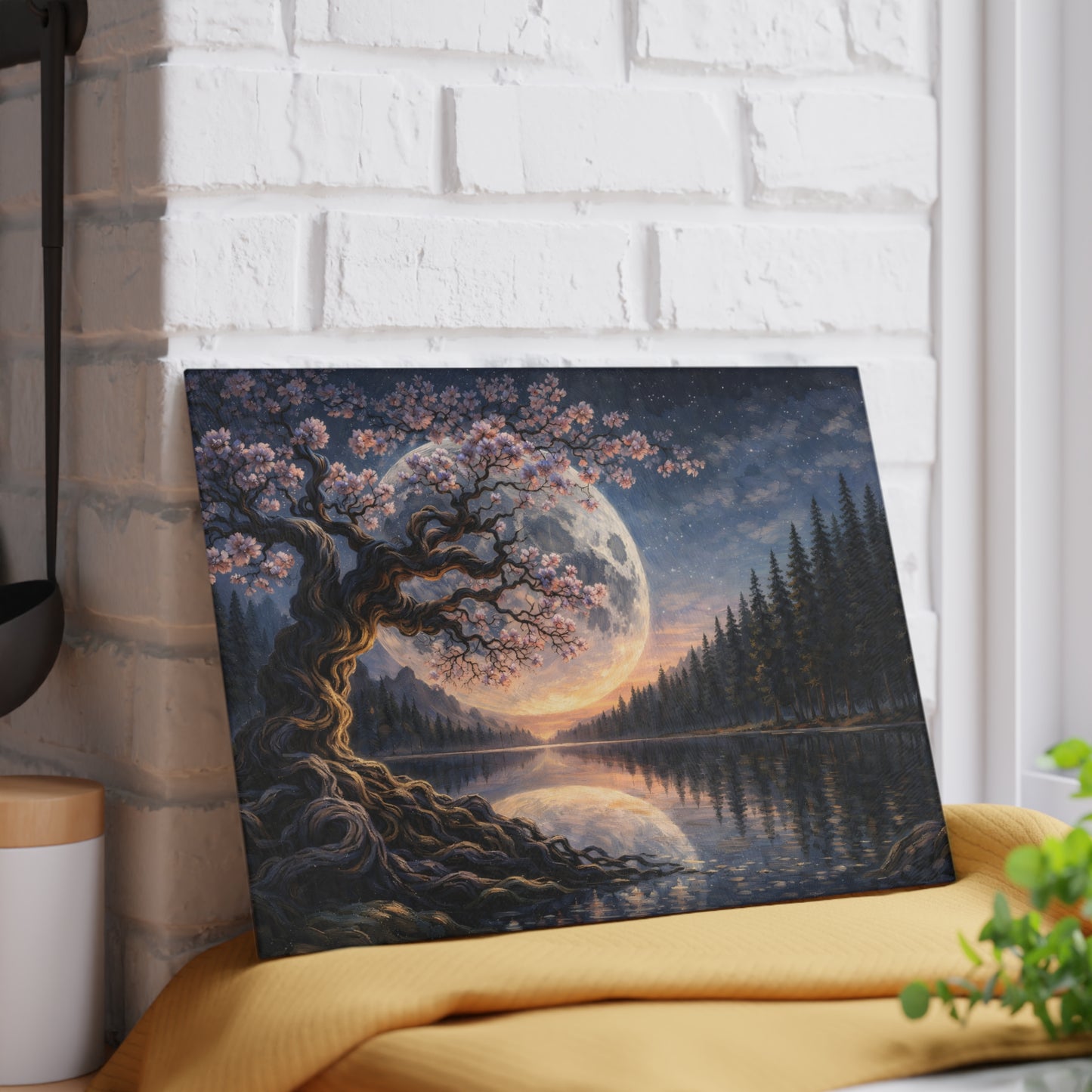 Moonlit Blossom Tree Glass Cutting Board – Dreamlike Night Landscape Art