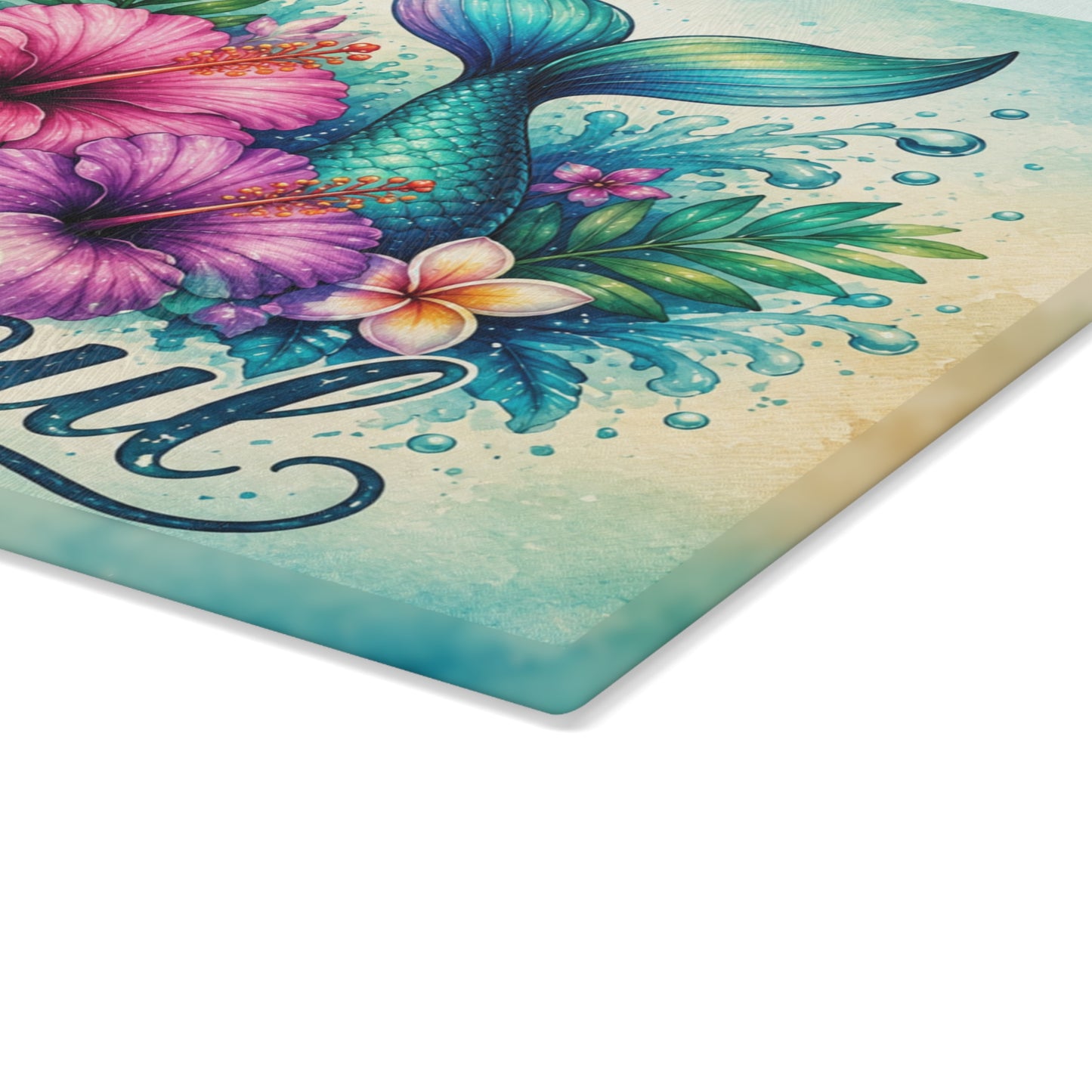 Salty Soul Mermaid Tail Glass Cutting Board – Coastal Beach Kitchen Decor with Anchor & Tropical Flowers