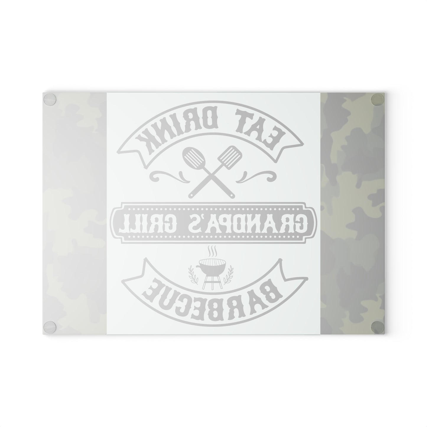 🍖🔥 EAT DRINK GRANDPA’S GRILL BARBEQUE – Camo Glass Cutting Board for Backyard Kings 🧢🍔