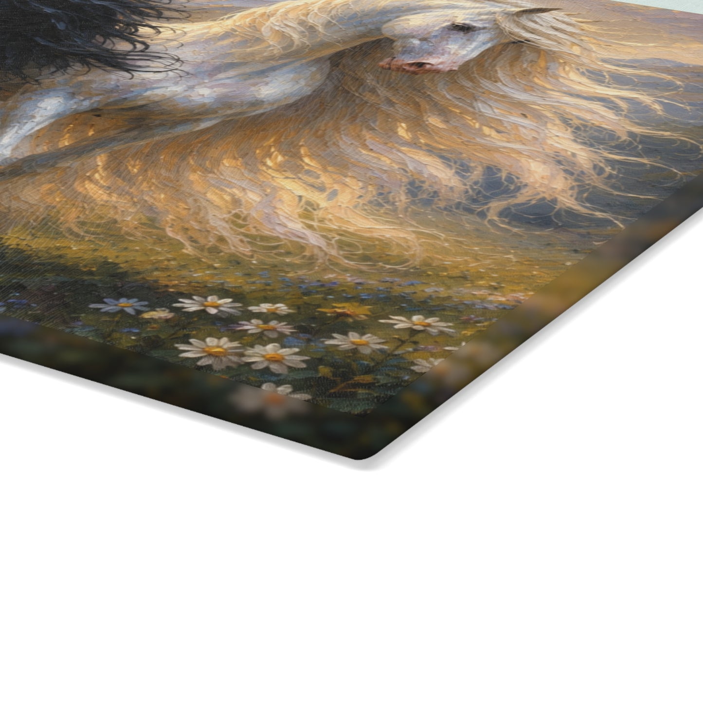 Black & White Horses Glass Cutting Board – Elegant Running Horses Artwork with Scenic Countryside