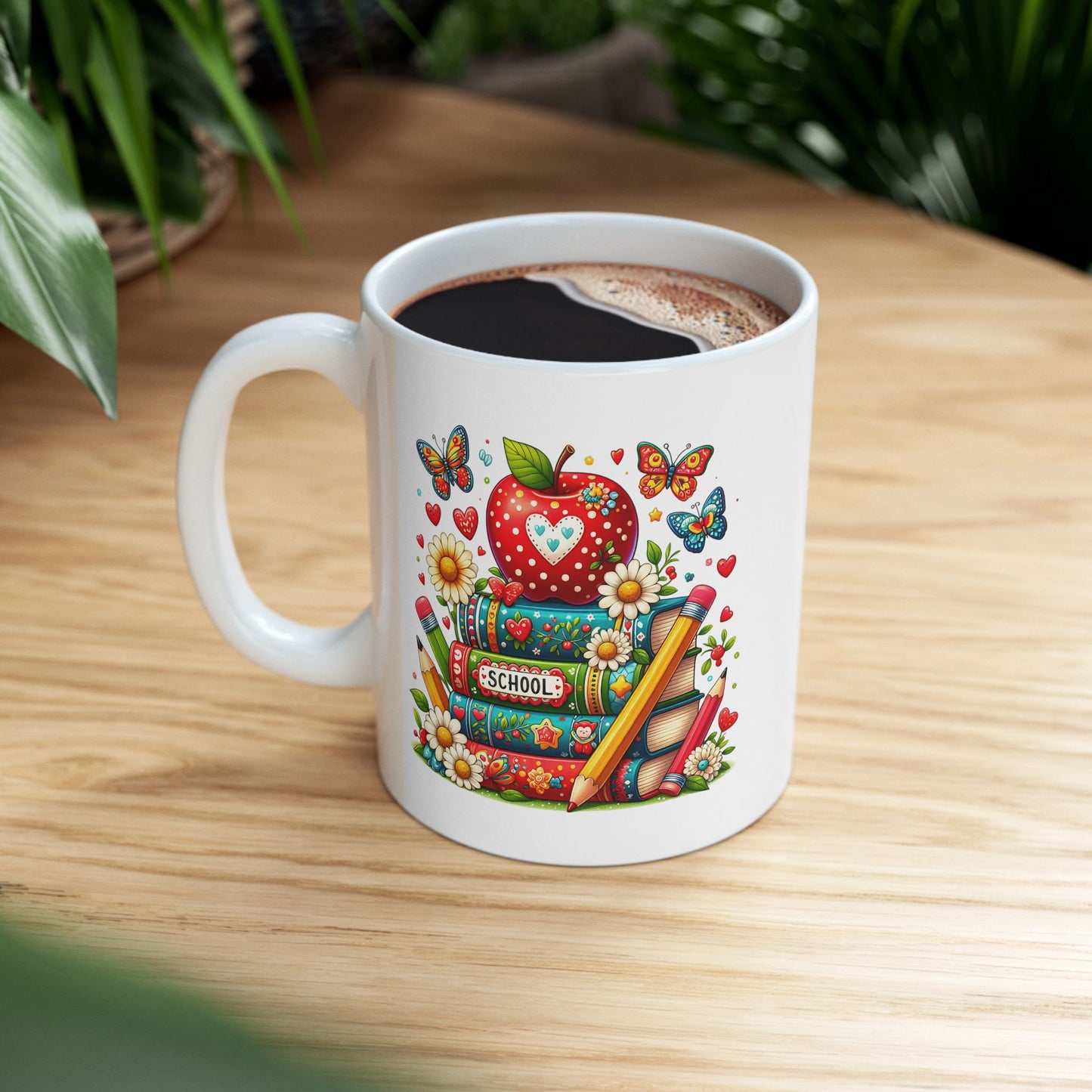 🍎 Teacher Love Back-to-School Mug – Bright Books & Butterflies 🌼