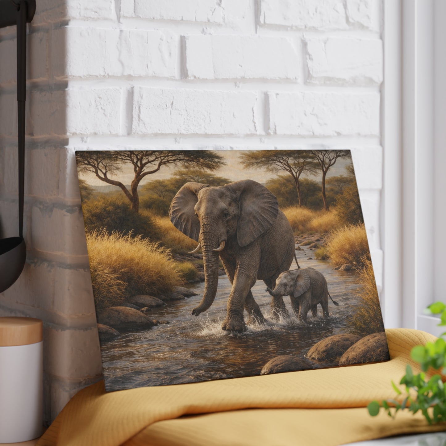Elephant and Calf River Crossing Glass Cutting Board – Peaceful Wildlife Nature Kitchen Art