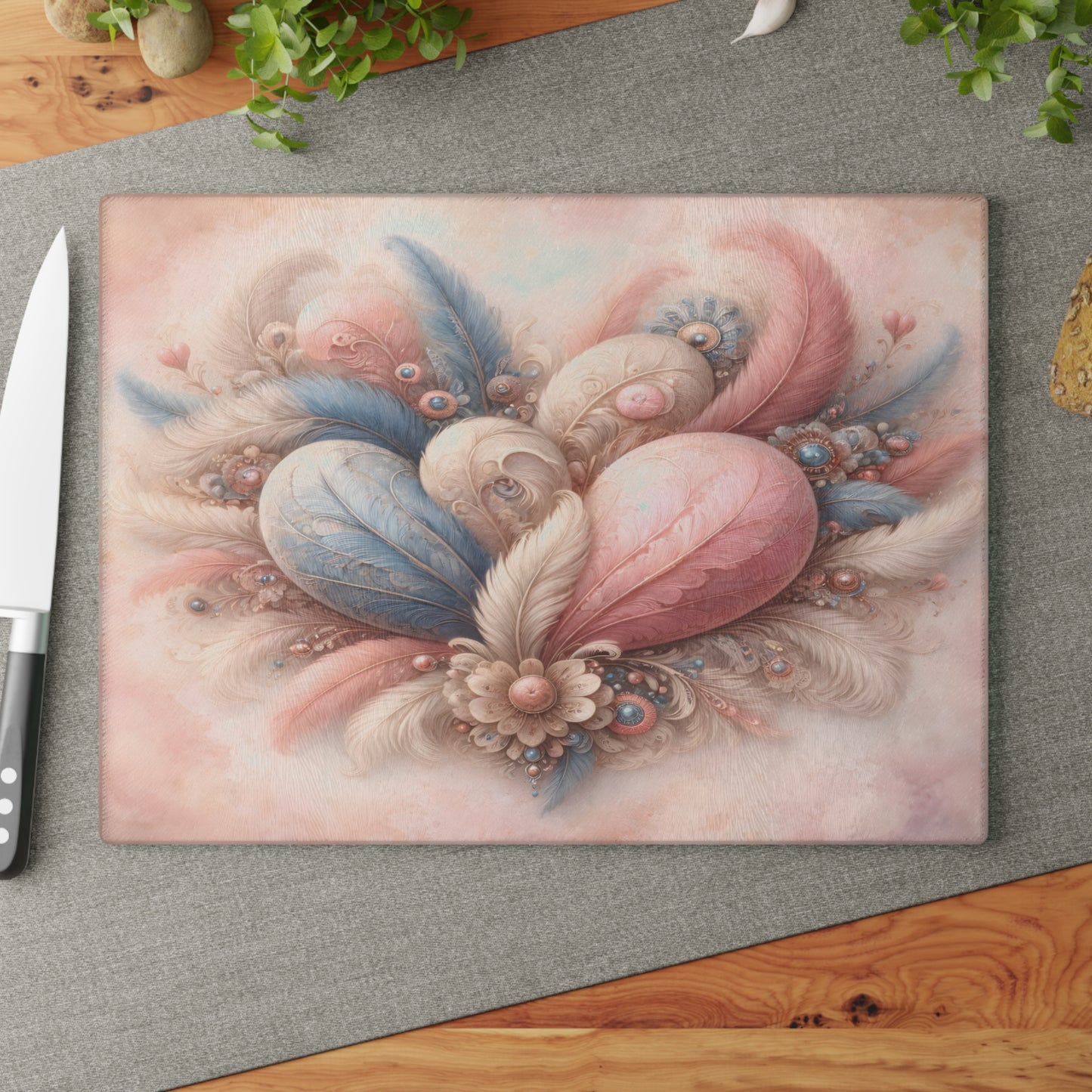 Pastel Feather Heart Glass Cutting Board – Elegant Romantic Art Kitchen Decor