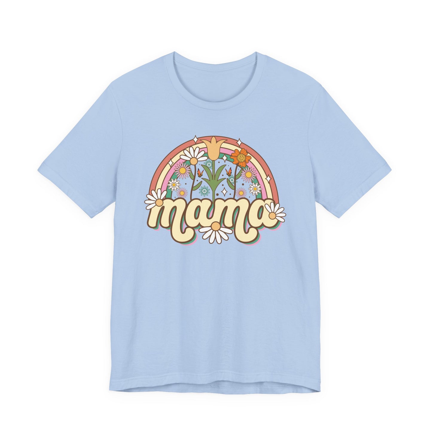 🌼🌈 Retro Floral Mama T-Shirt – Boho Rainbow Graphic Tee for Moms 🌻✨