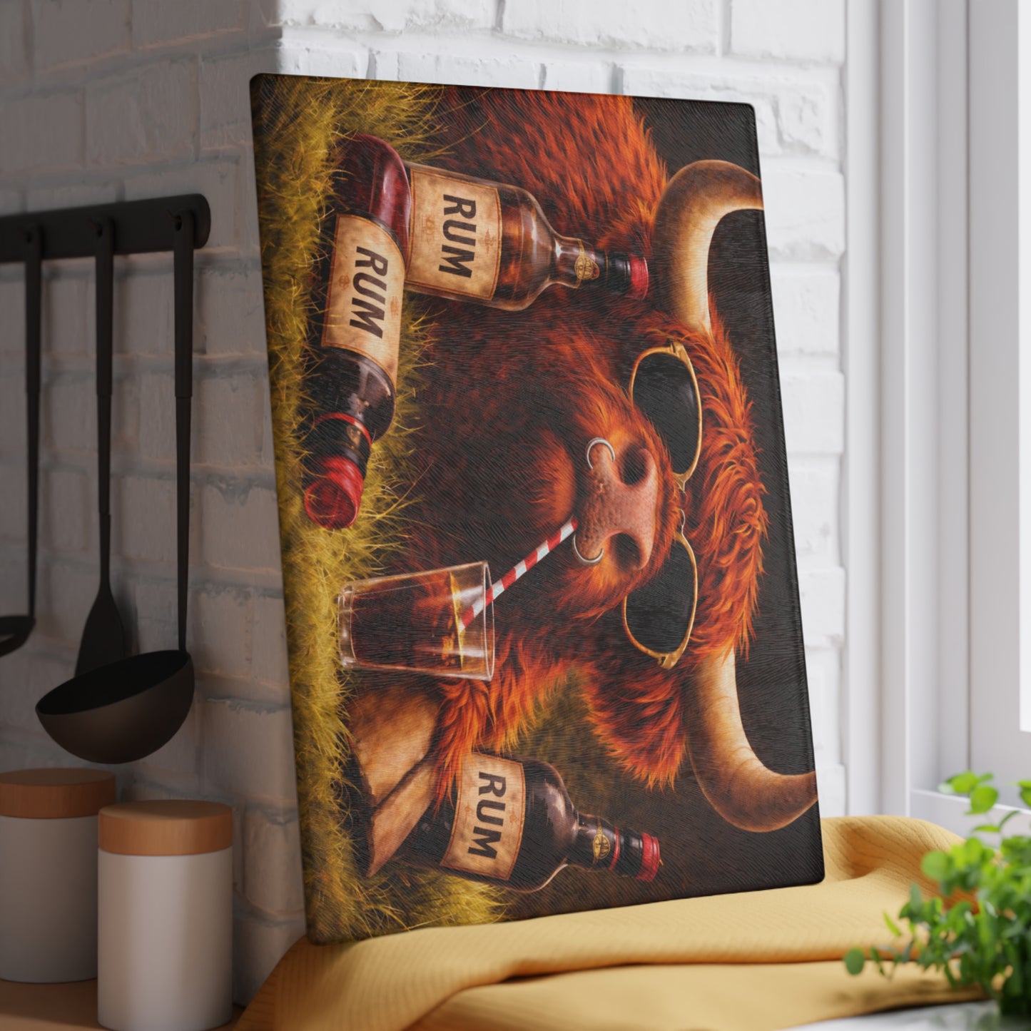 Sunglasses Highland Cow Glass Cutting Board – Bold Farm Bar Art with Playful Attitude
