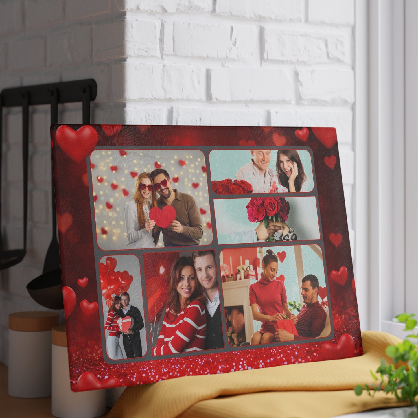 Happy Valentine’s Day Photo Collage Glass Cutting Board – Personalized Romantic Keepsake