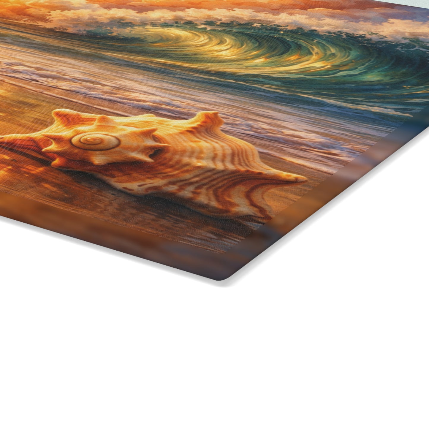Golden Coastal Wave Glass Cutting Board – Ocean Sunset Seagull Beach Kitchen Art