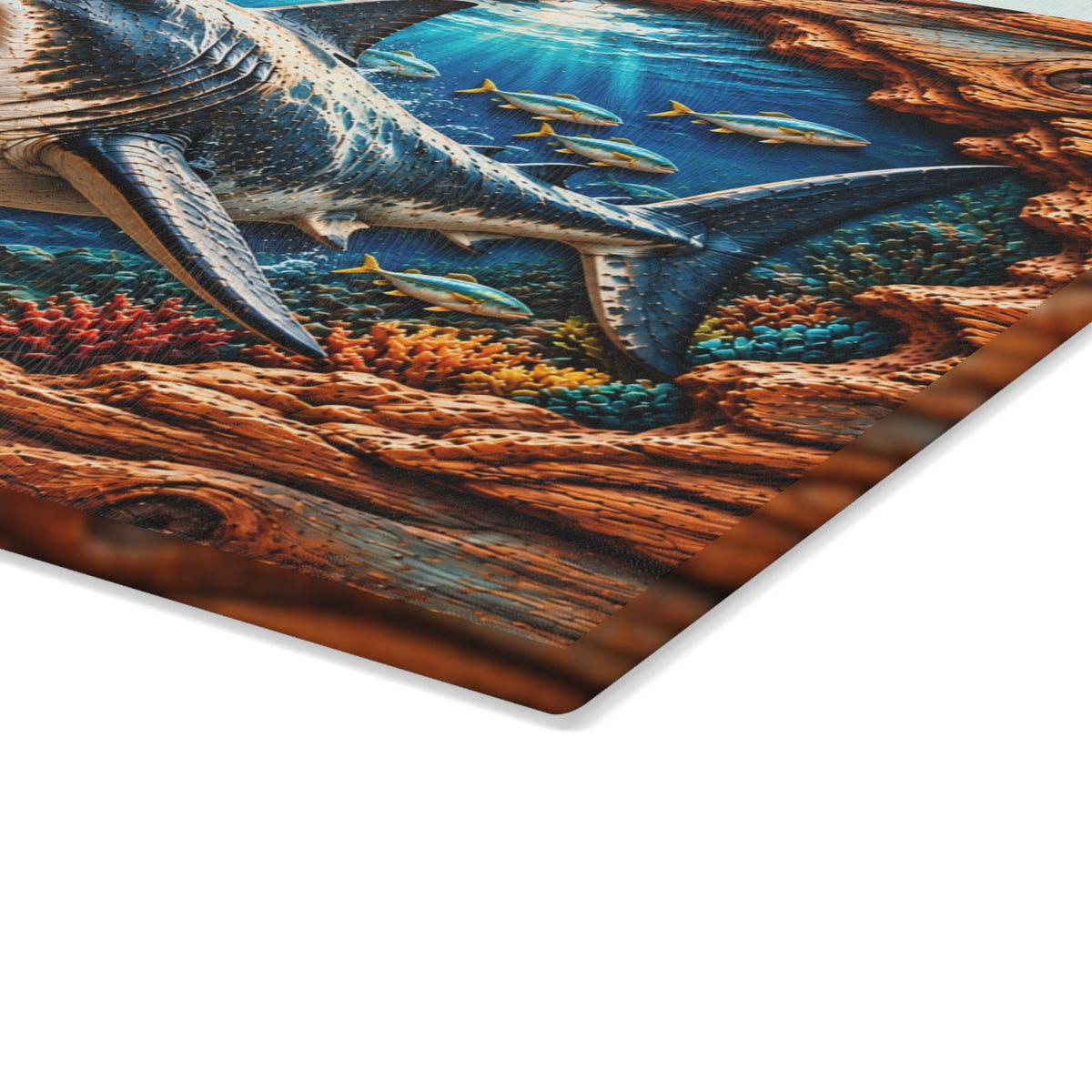 Great White Shark Glass Cutting Board – Fierce Open-Mouth Shark, Tropical Coral Reef & 3D Carved Wood Look