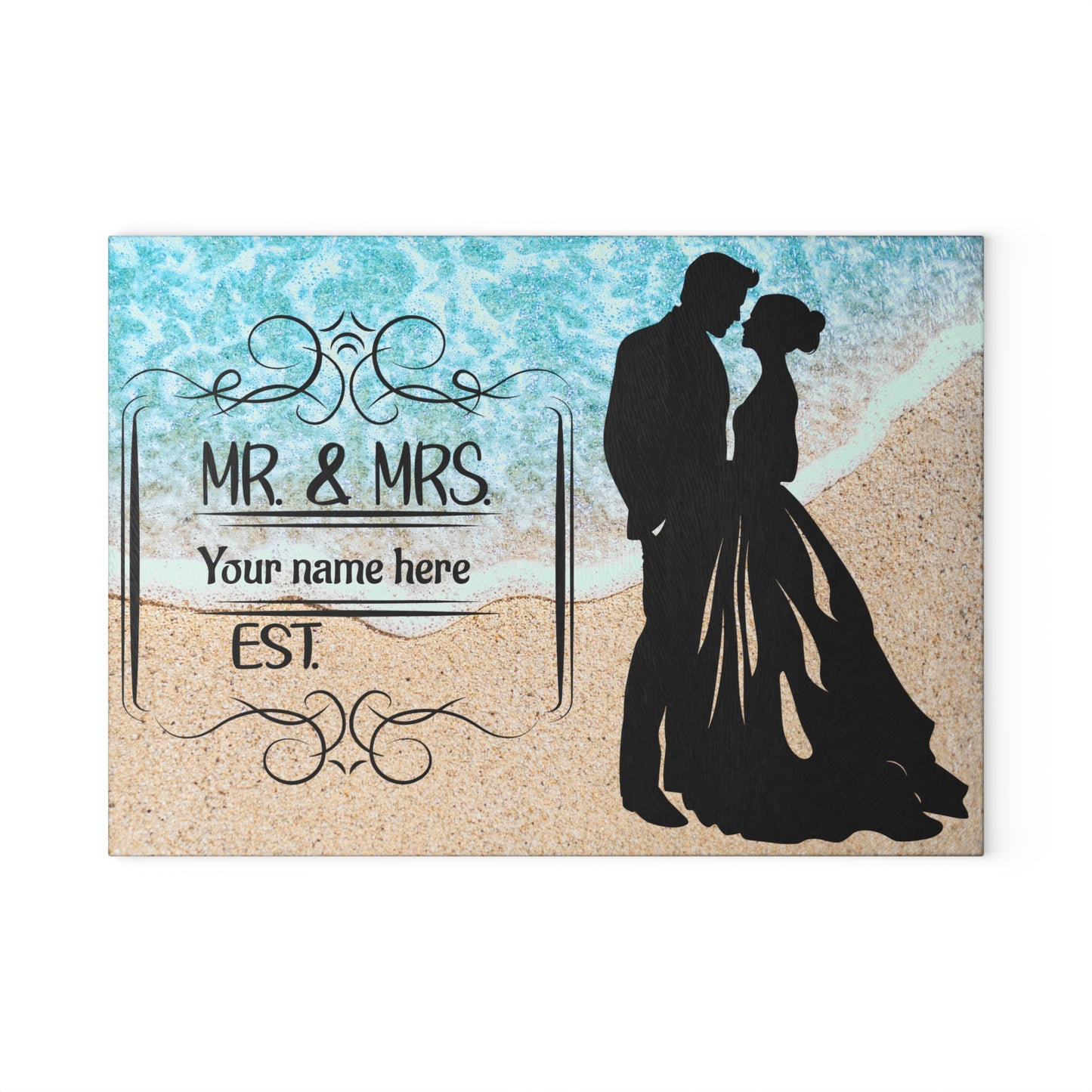 Tabla de cortar "Sr. y Sra. Coastal Romance": regalo de boda personalizado con nombre y año