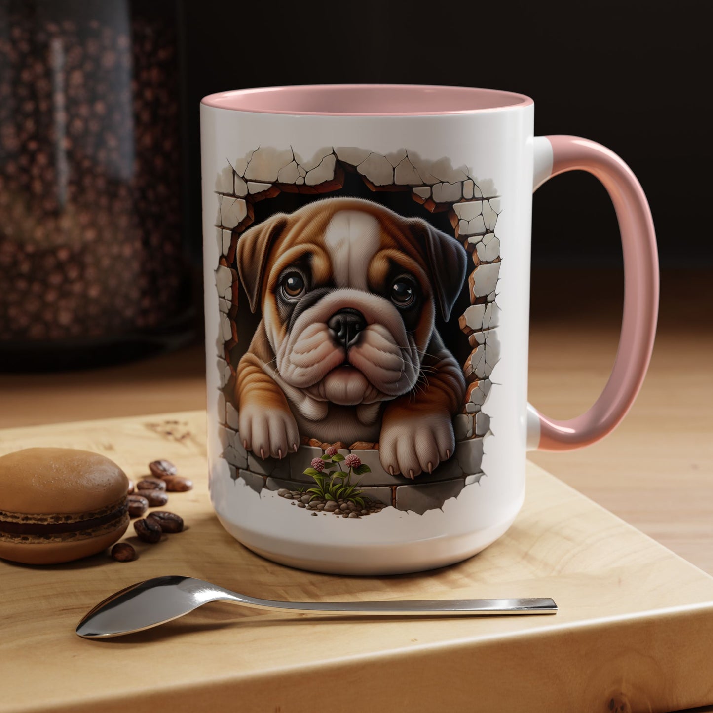🎀🐶 English Bulldog Puppy Accent Mug – Cute Peek-Through Dog Design for Animal Lovers ☕💖