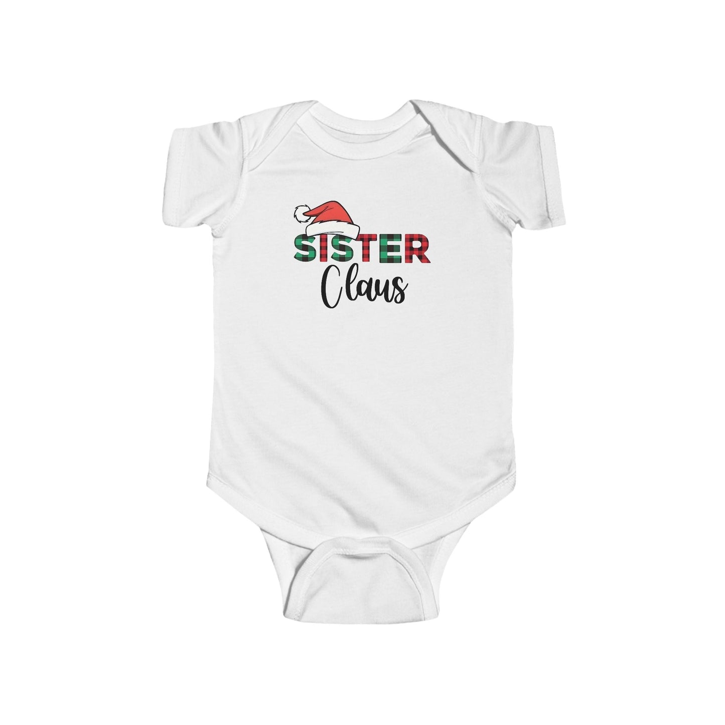 Sister Claus Baby Onesie – Plaid Lettering & Cozy Holiday Outfit 🎀❄️