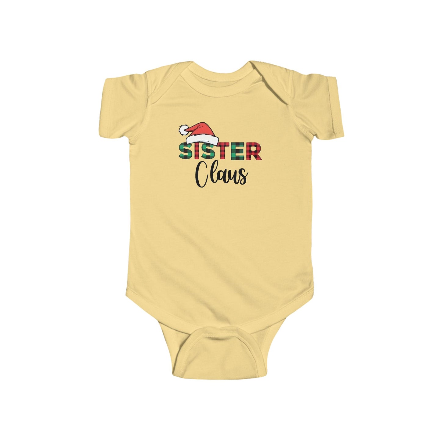 Sister Claus Baby Onesie – Plaid Lettering & Cozy Holiday Outfit 🎀❄️