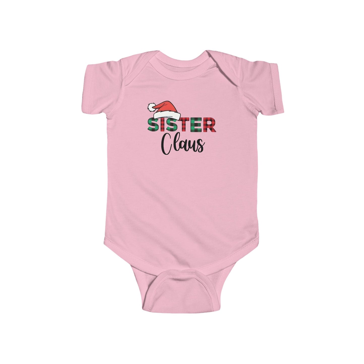 Sister Claus Baby Onesie – Plaid Lettering & Cozy Holiday Outfit 🎀❄️