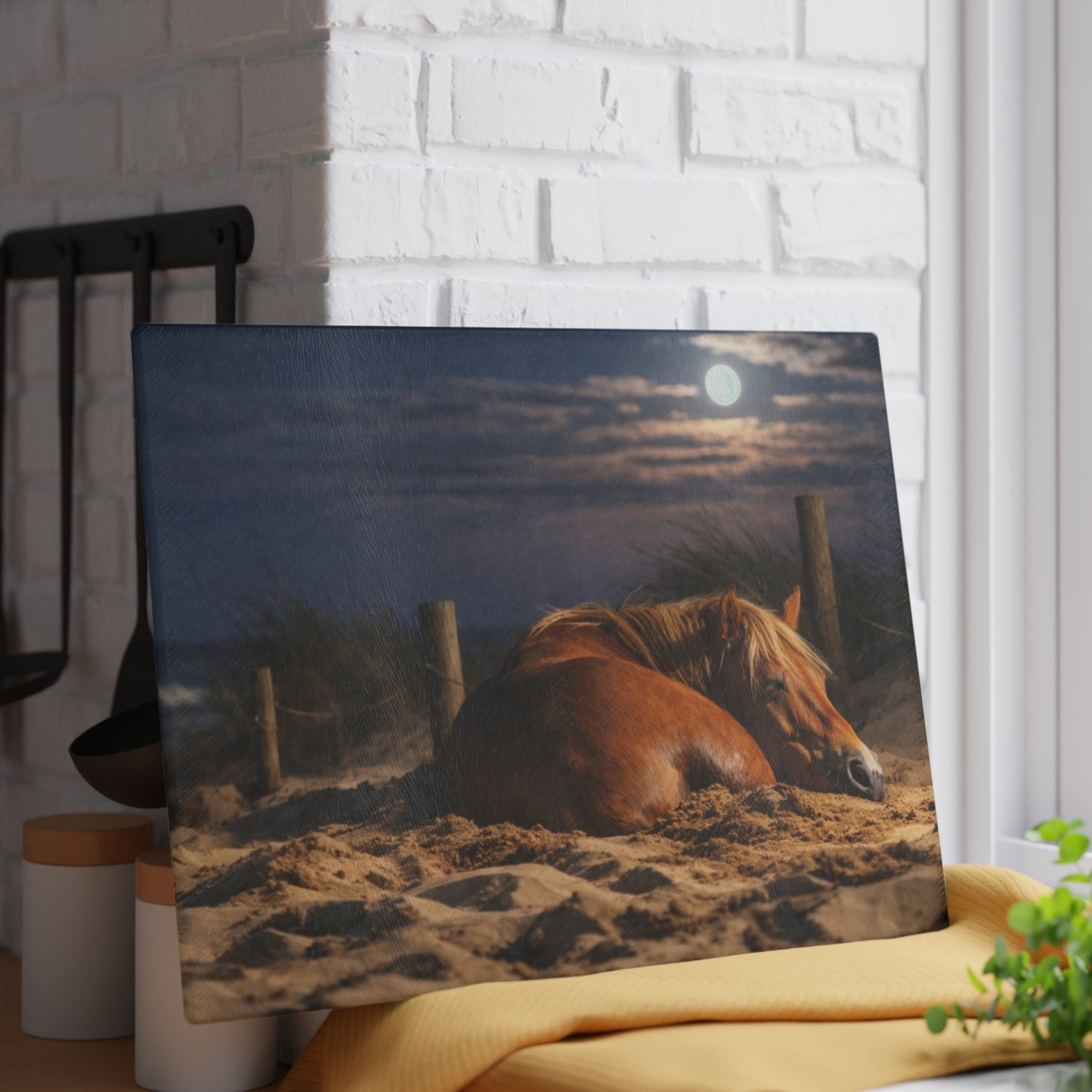 Peaceful Horse on Moonlit Beach Glass Cutting Board – Coastal Farmhouse Horse Lover Kitchen Decor