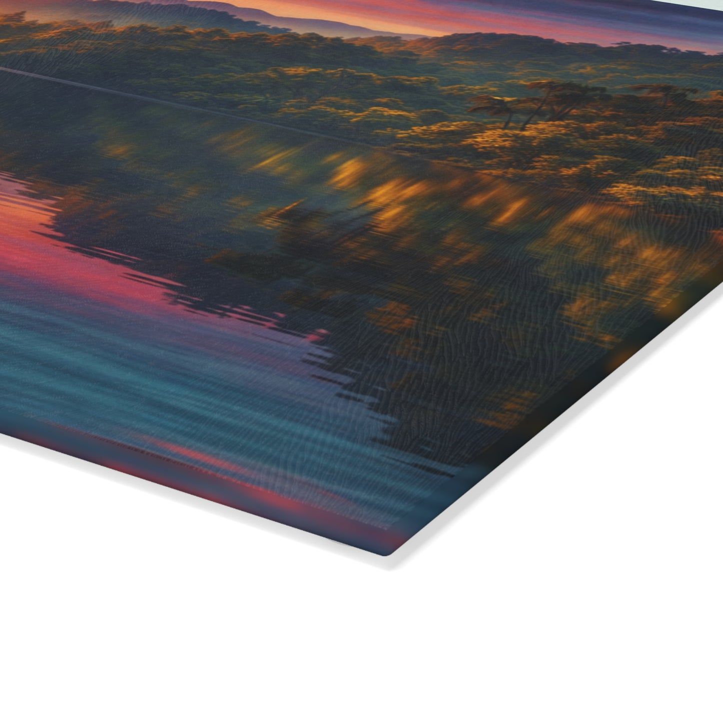Sunset Mountain Lake Glass Cutting Board – Peaceful Nature Landscape Kitchen Art
