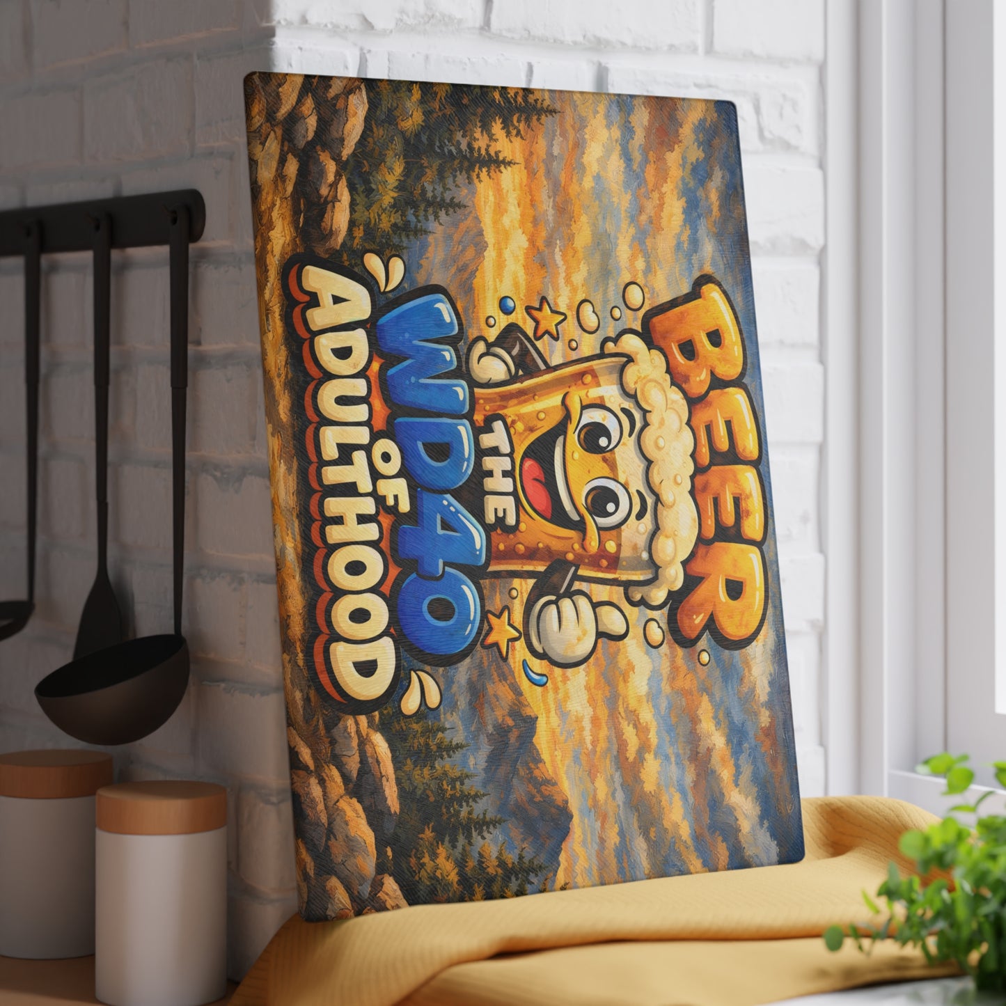 Funny Beer Glass Cutting Board – “Beer Is the WD40 of Adulthood” Mountain Humor Kitchen Decor