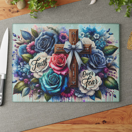 ✝️ Faith Over Fear Floral Cross Cutting Board – Christian Kitchen Inspiration with Roses & Watercolor Style