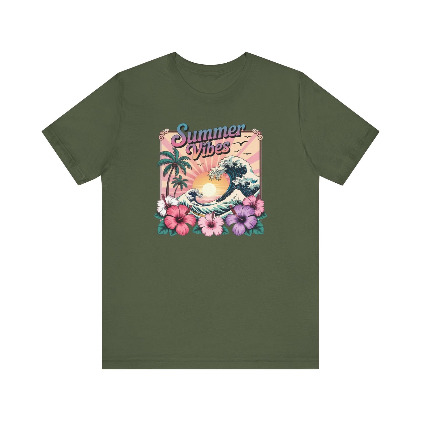 ☀️ Camiseta Summer Vibes – Ola playera vibrante, hibisco y palmeras | Camiseta gráfica para mujer