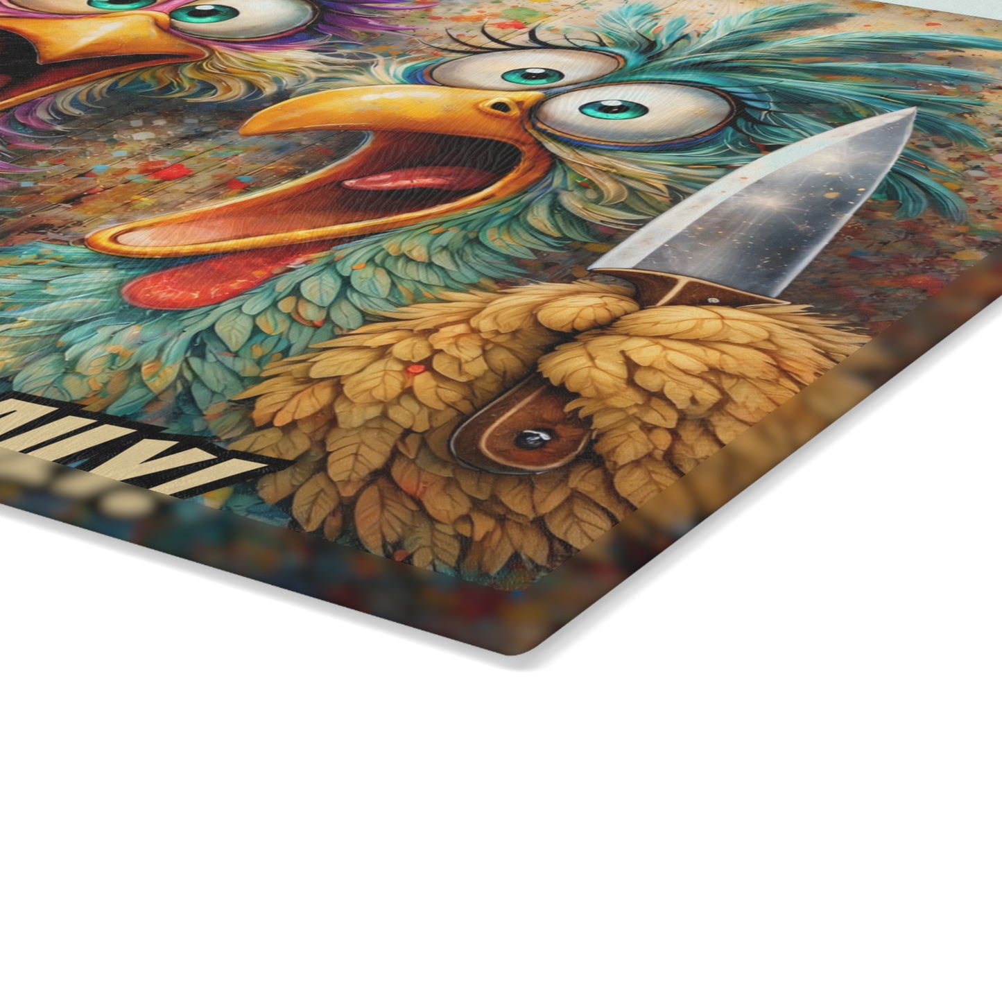Kitchen Chaos Served Daily Glass Cutting Board – Colorful Chicken Kitchen Humor
