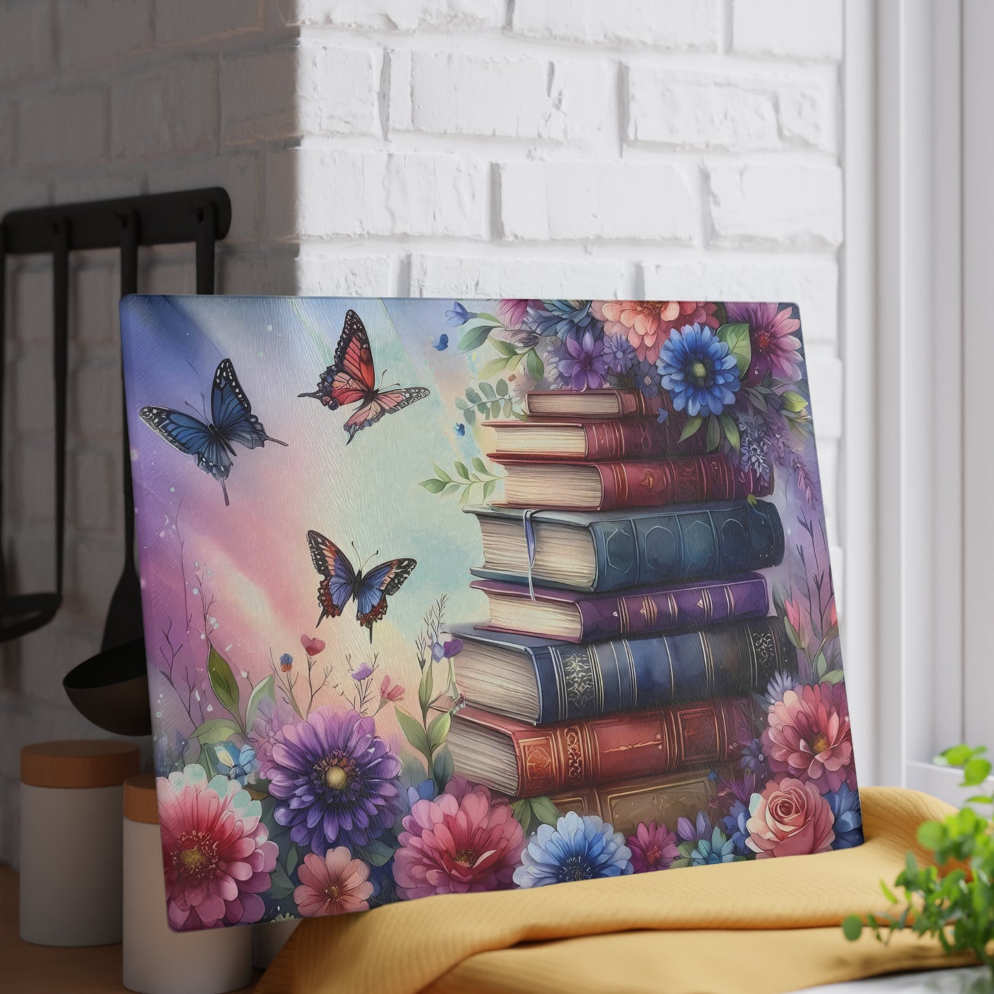 Tabla de cortar con forma de mariposa, regalo para amantes de los libros, tabla de cortar de vidrio, tabla de vidrio templado, regalo para ratones de biblioteca, idea de regalo de cocina, decoración de cocina única