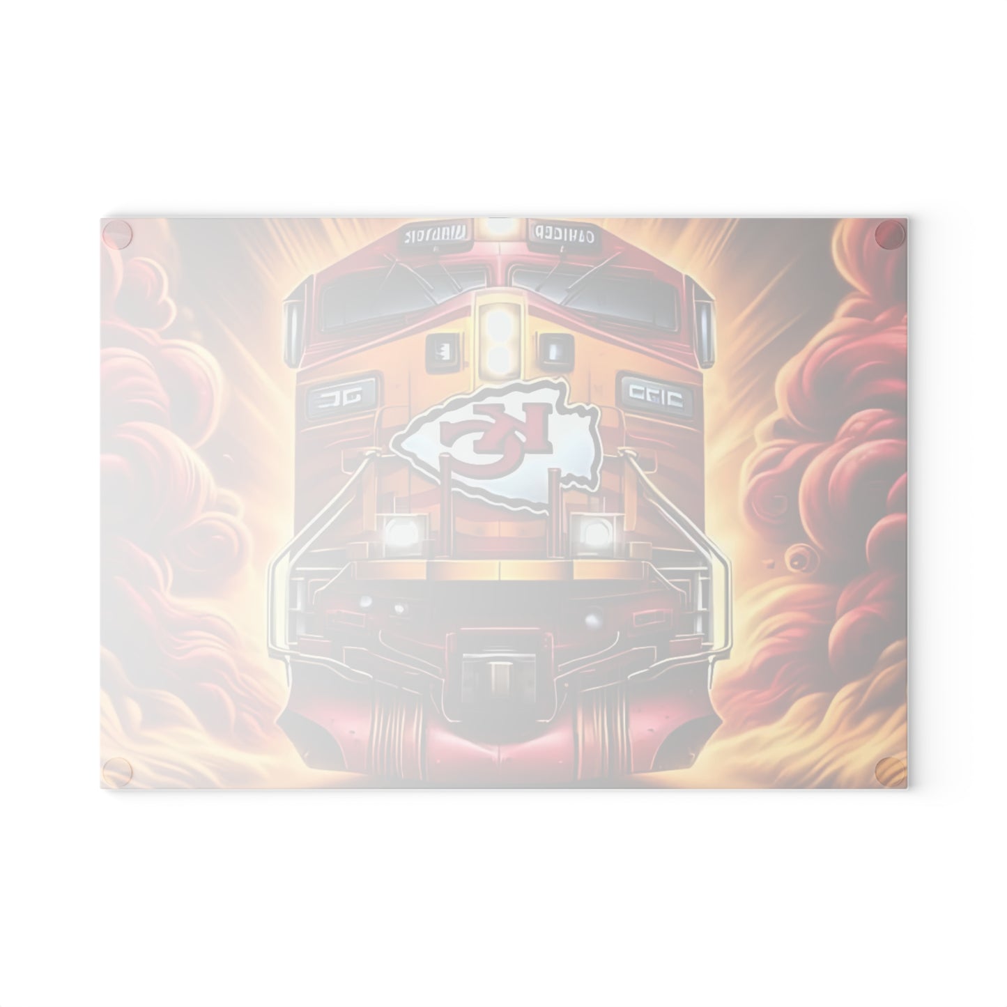 Tabla de cortar de vidrio Express roja y dorada: exhibición de cocina con un llamativo diseño de tren