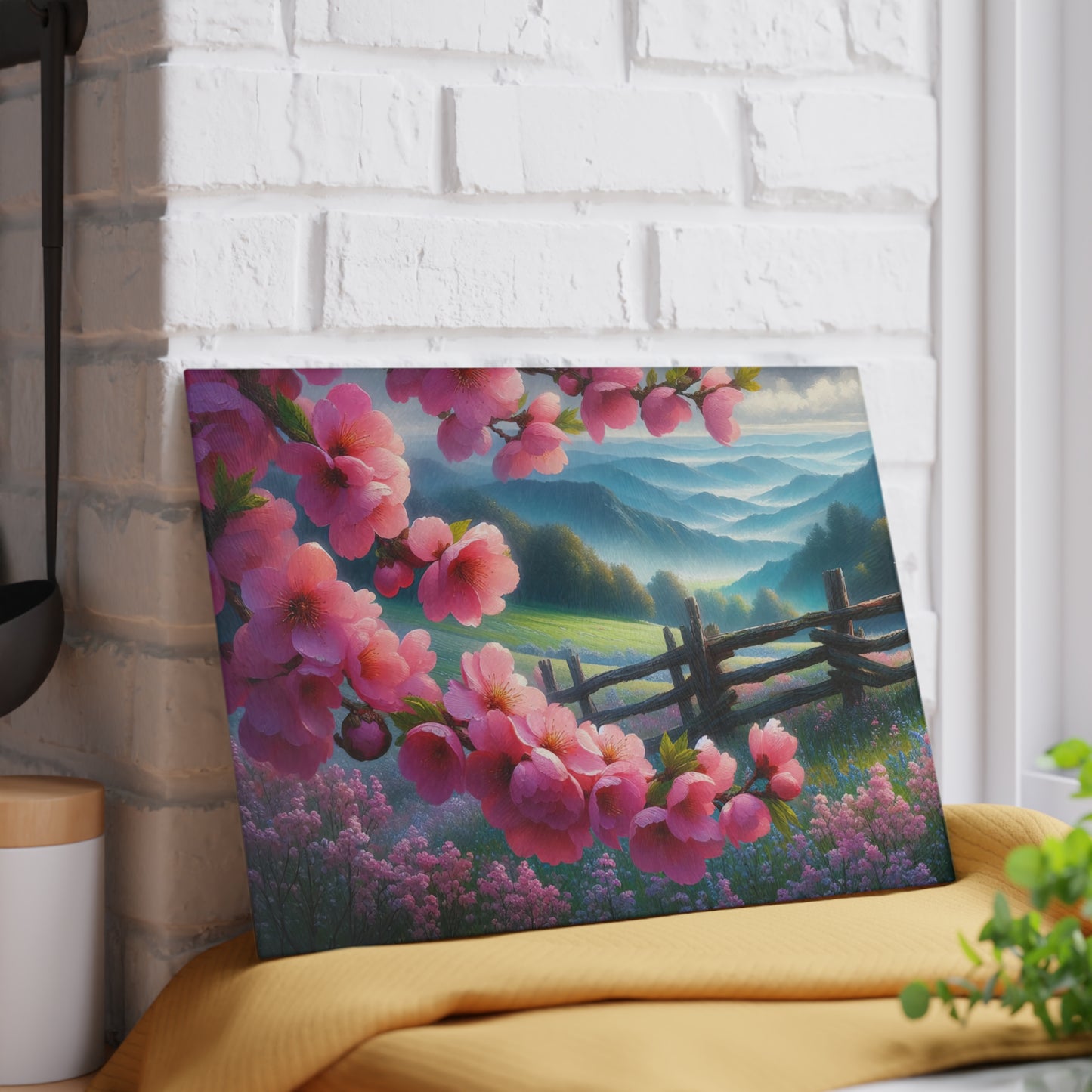 Cherry Blossom Mountain Meadow Glass Cutting Board – Spring Floral Landscape Kitchen Display