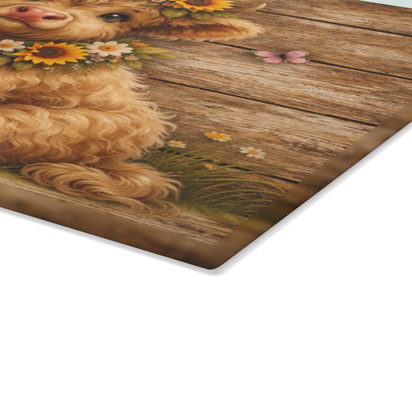 Floral Highland Calf Glass Cutting Board – Rustic Farmhouse Wood Background
