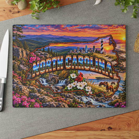 North Carolina Glass Cutting Board – State Map, Blue Ridge Mountains, Cape Hatteras Lighthouse, Cardinal, Wild Horses & Coastal Sunset Kitchen Décor
