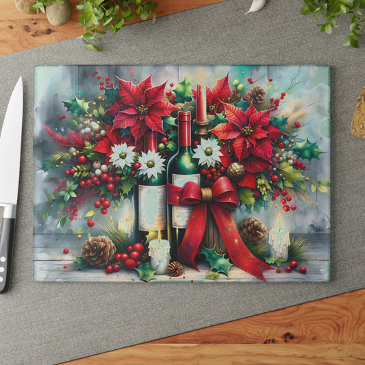 🎁🍷 “Poinsettias & Pinot” Glass Cutting Board – Festive Floral Wine Scene for Your Holiday Kitchen