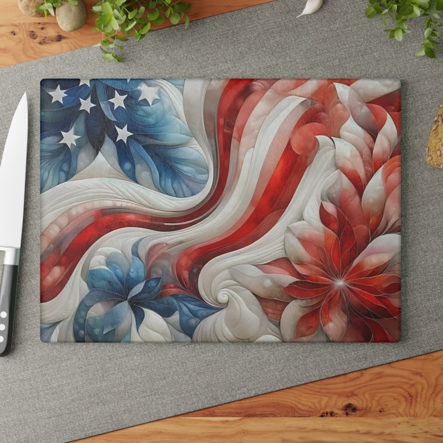 4th of July Quilt looking Glass Cutting Board – Patriotic Charm Meets Function