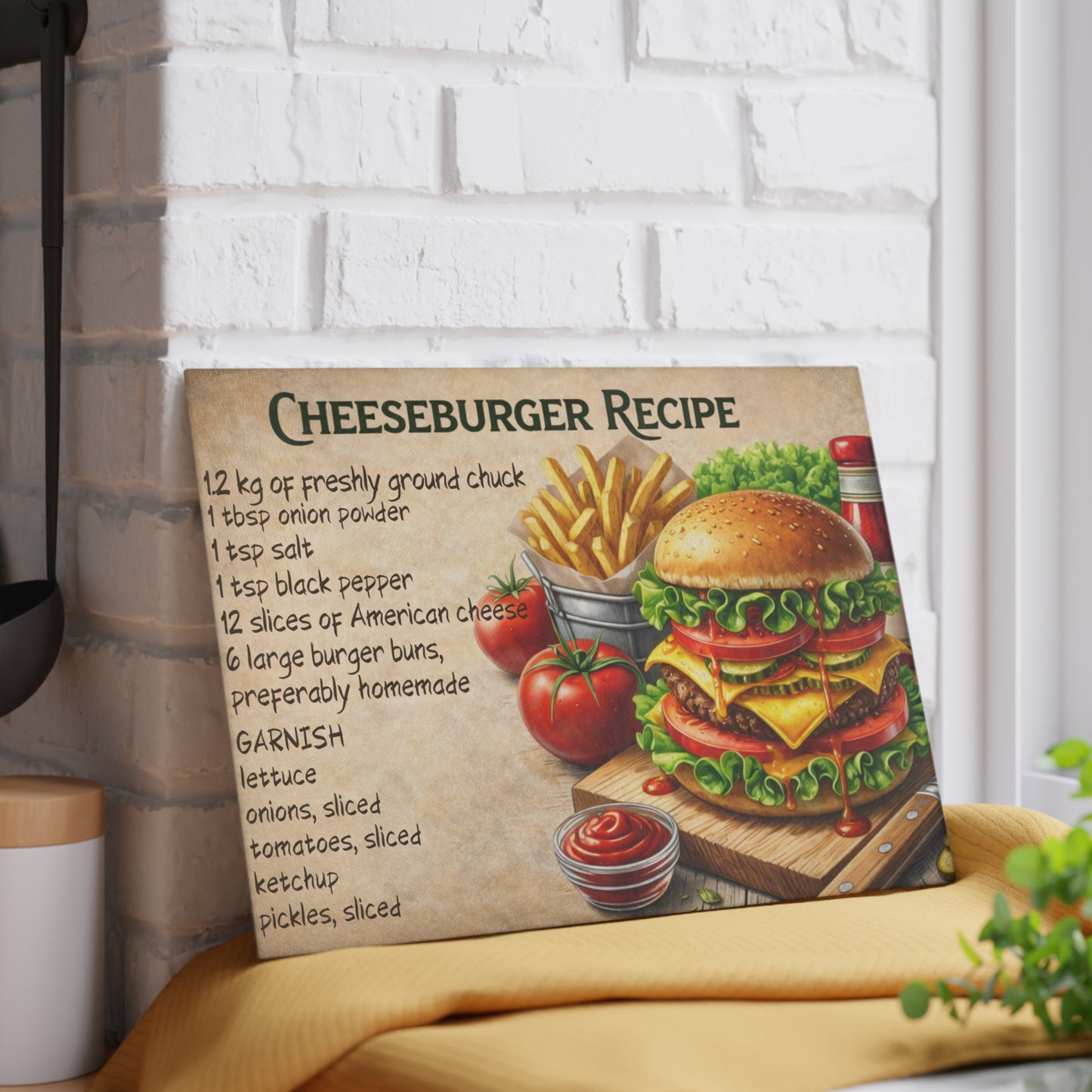 Cheeseburger Recipe Glass Cutting Board – Classic Burger Kitchen Art