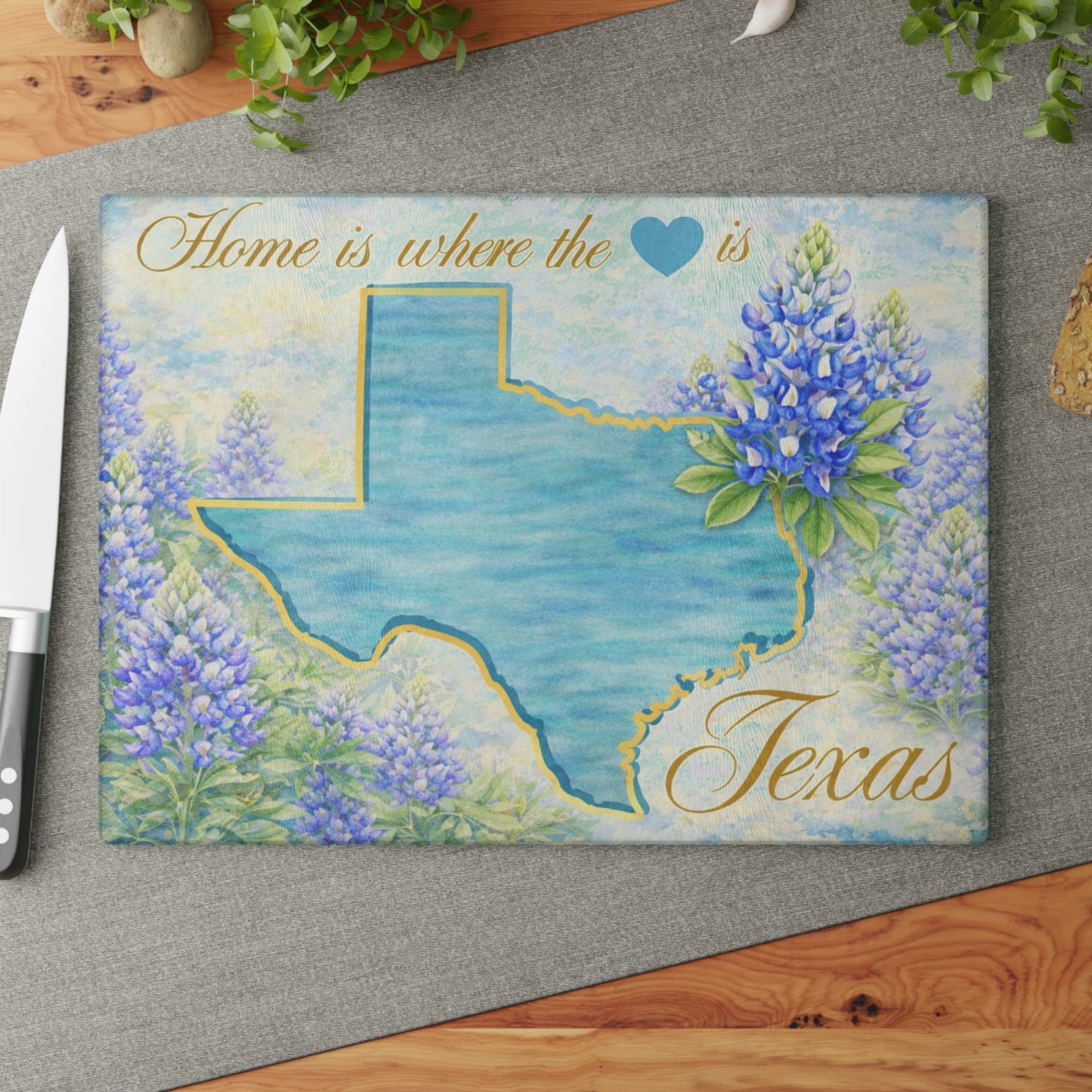 Texas State Bluebonnet Glass Cutting Board – Home Is Where the Heart Is Texas Kitchen Decor