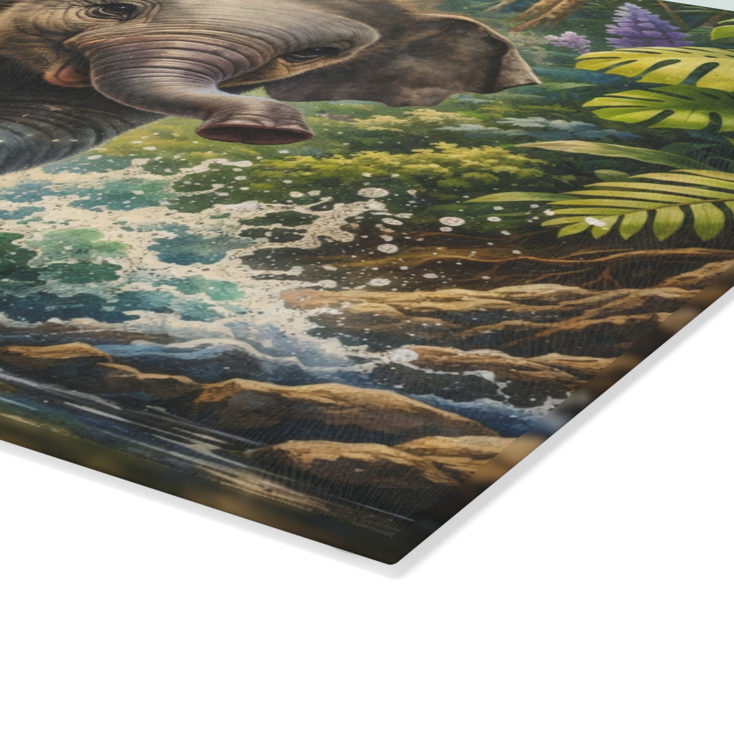 Playful Jungle Elephant Glass Cutting Board – Tropical Waterfall Wildlife Kitchen Art