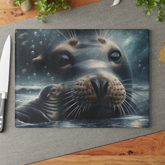 Gentle Harbor Glass Cutting Board – Mother Seal & Pup Ocean Artwork
