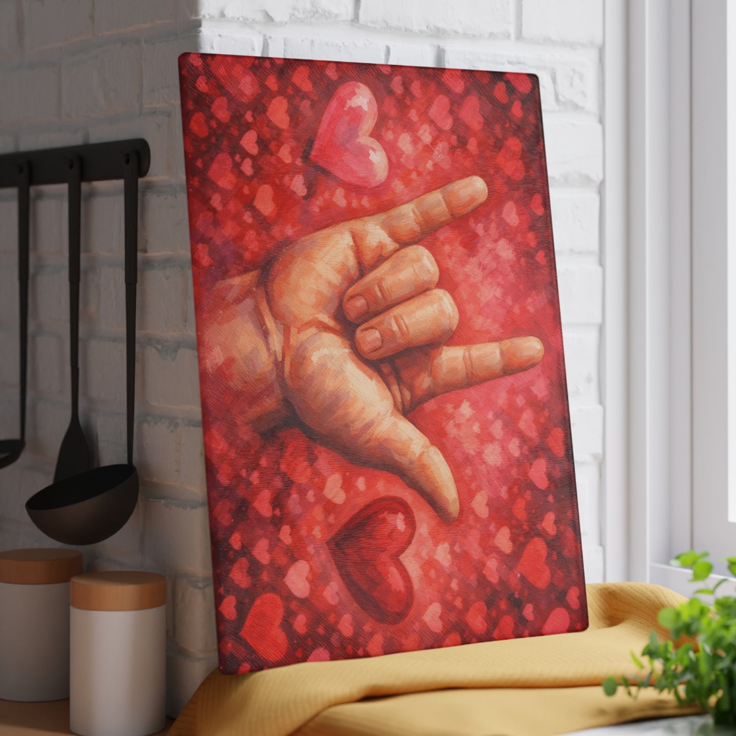 Sign Language “I Love You” Glass Cutting Board – Heartfelt ASL Art Kitchen Display