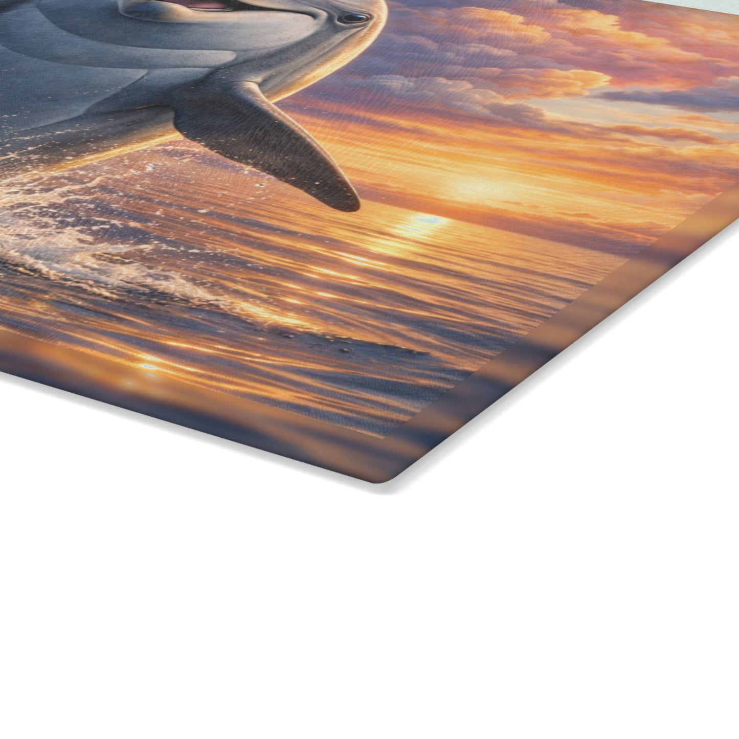 Joyful Dolphin Sunrise Glass Cutting Board – Uplifting Ocean Artwork