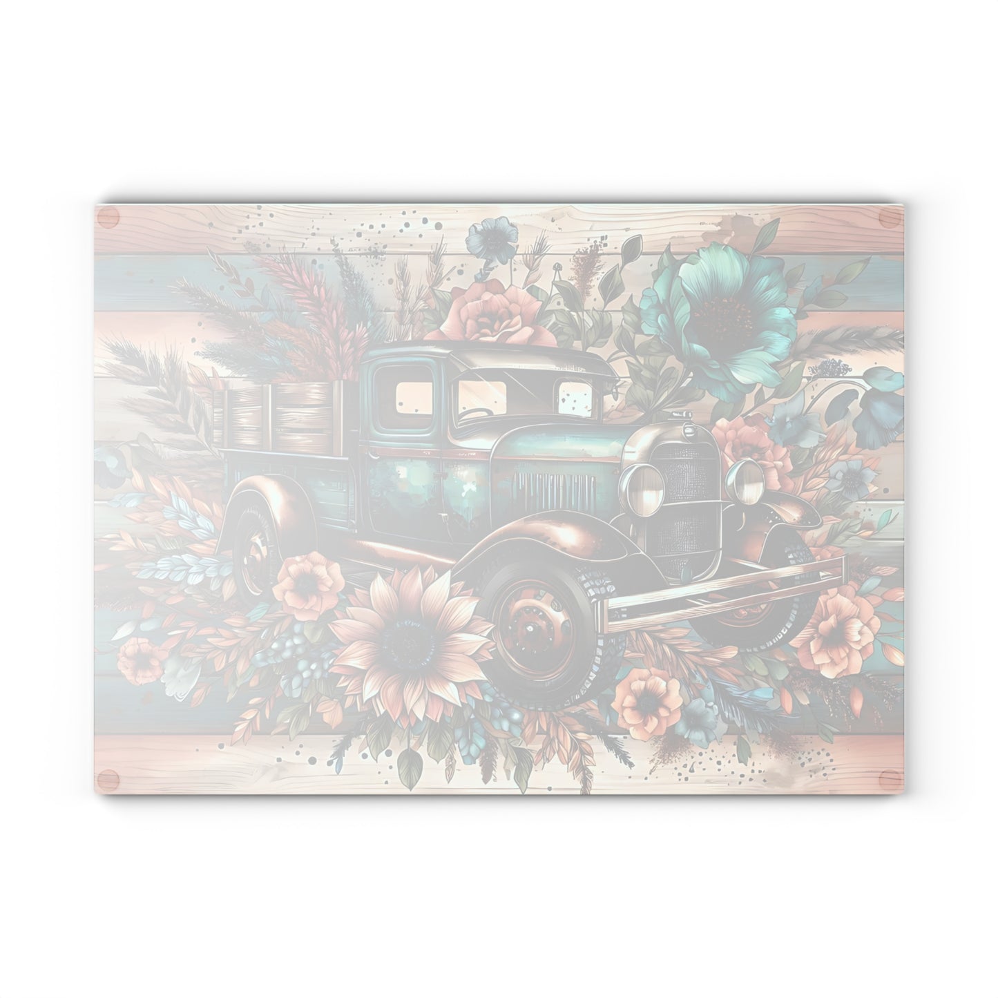 🚜🌸 Vintage Teal Farm Truck Cutting Board – Rustic Charm with Floral Elegance 🌻🌿