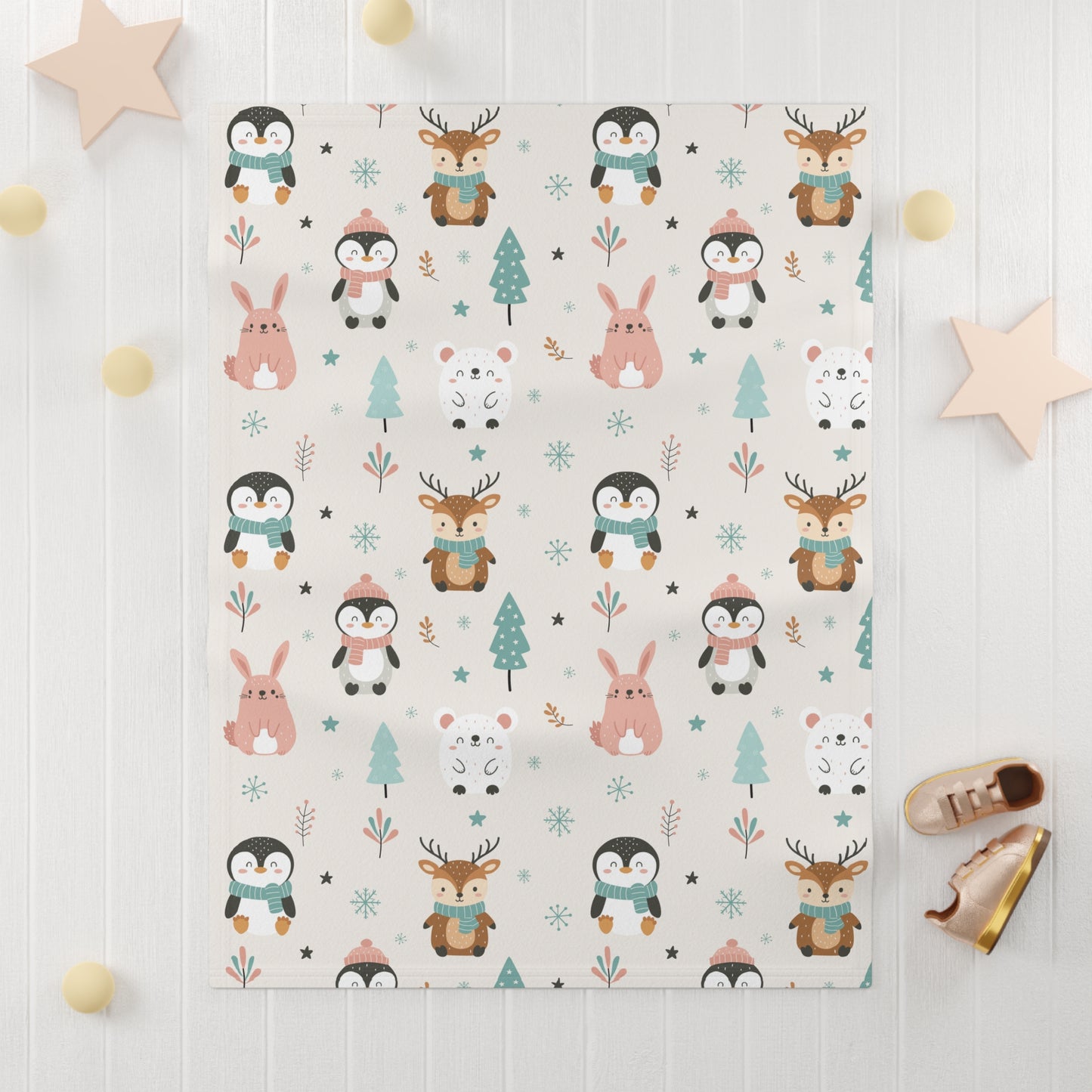 Winter Woodland Friends Baby Blanket – Ultra-Soft Fleece 30″×40″ | Penguins, Reindeer, Bunny & Bear