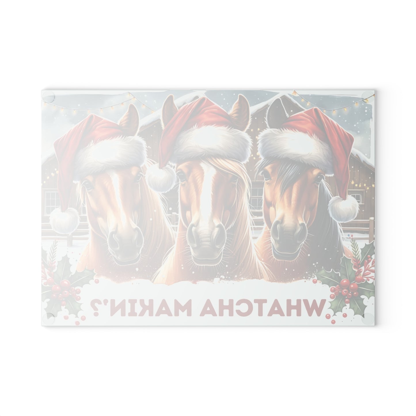 🐴🎄 “Whatcha Makin’?” Holiday Horses Glass Cutting Board – Cozy Charm for Your Kitchen