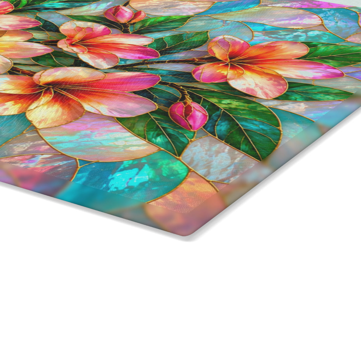Stained-Glass-Inspired Tropical Plumeria Cutting Board – Pink & Golden Frangipani Flowers, Iridescent Mosaic Background & Botanical Kitchen Décor