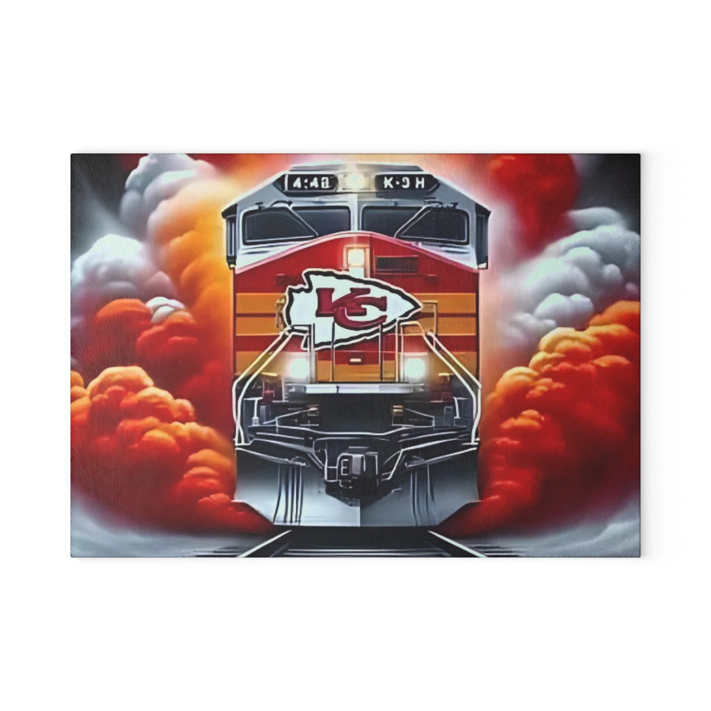 Tabla de cortar de vidrio Express roja y dorada: exhibición de cocina con un llamativo diseño de tren