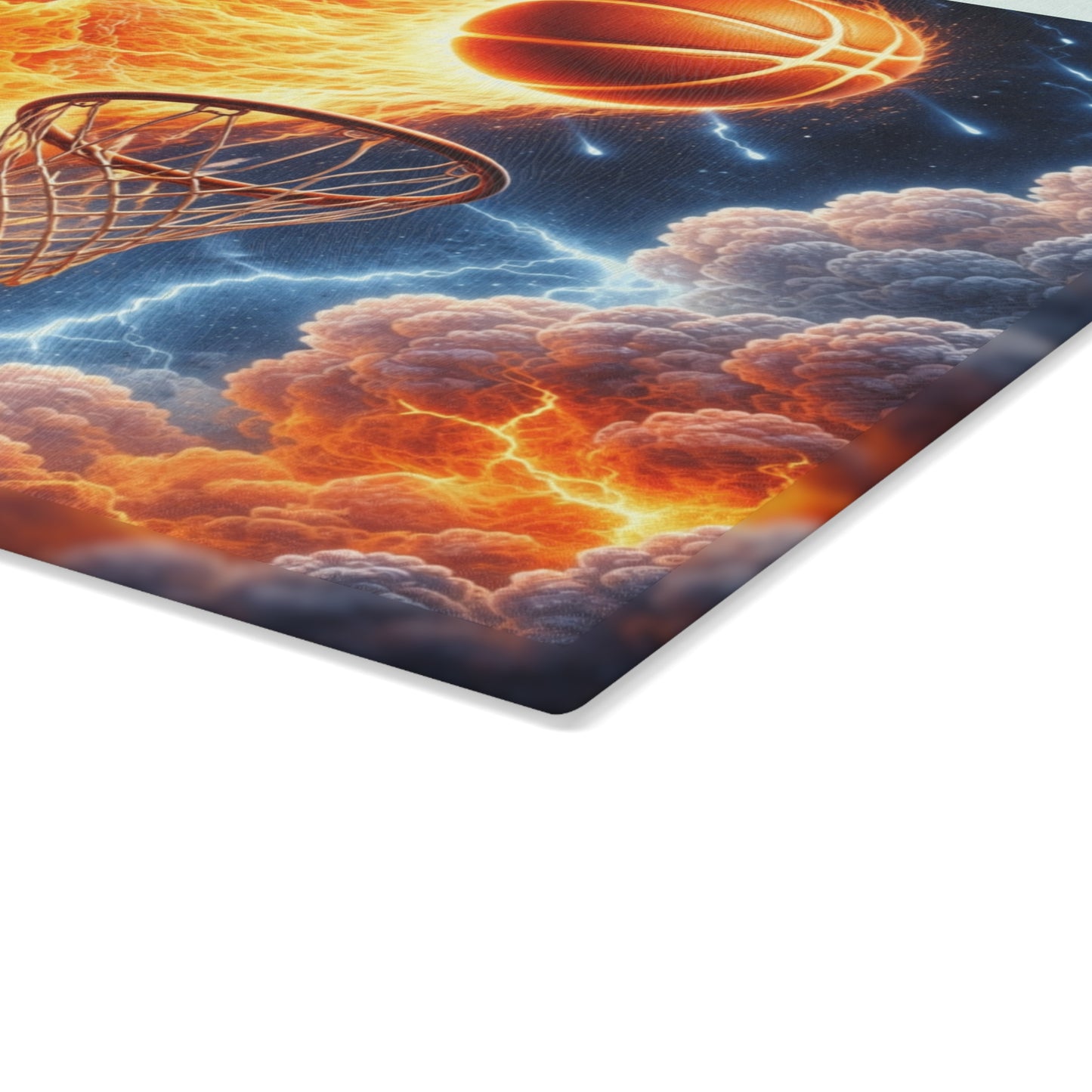 Fiery Basketball Slam Glass Cutting Board – High-Energy Sports Art for Your Kitchen